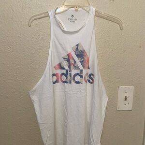 adidas White Muscle Tee with Multicolor Logo